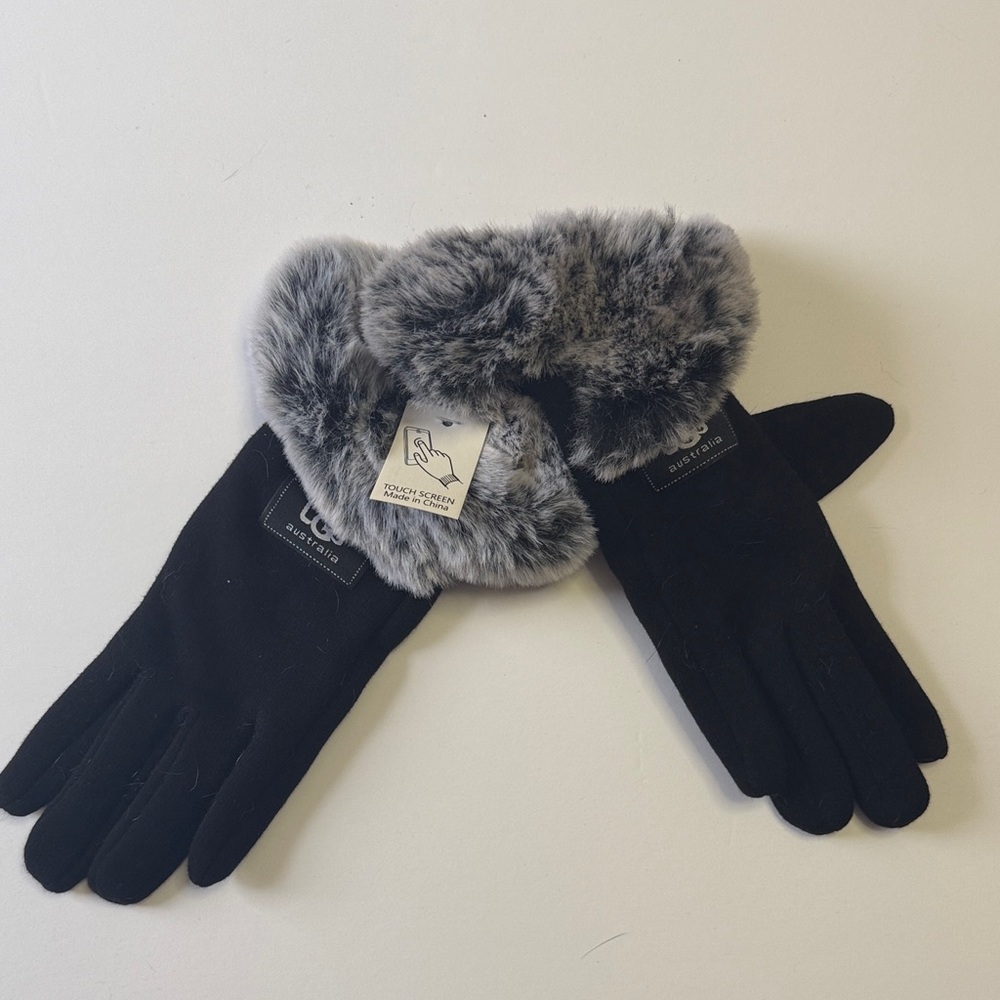 UGG Black Gloves with Gray Faux Fur Cuff